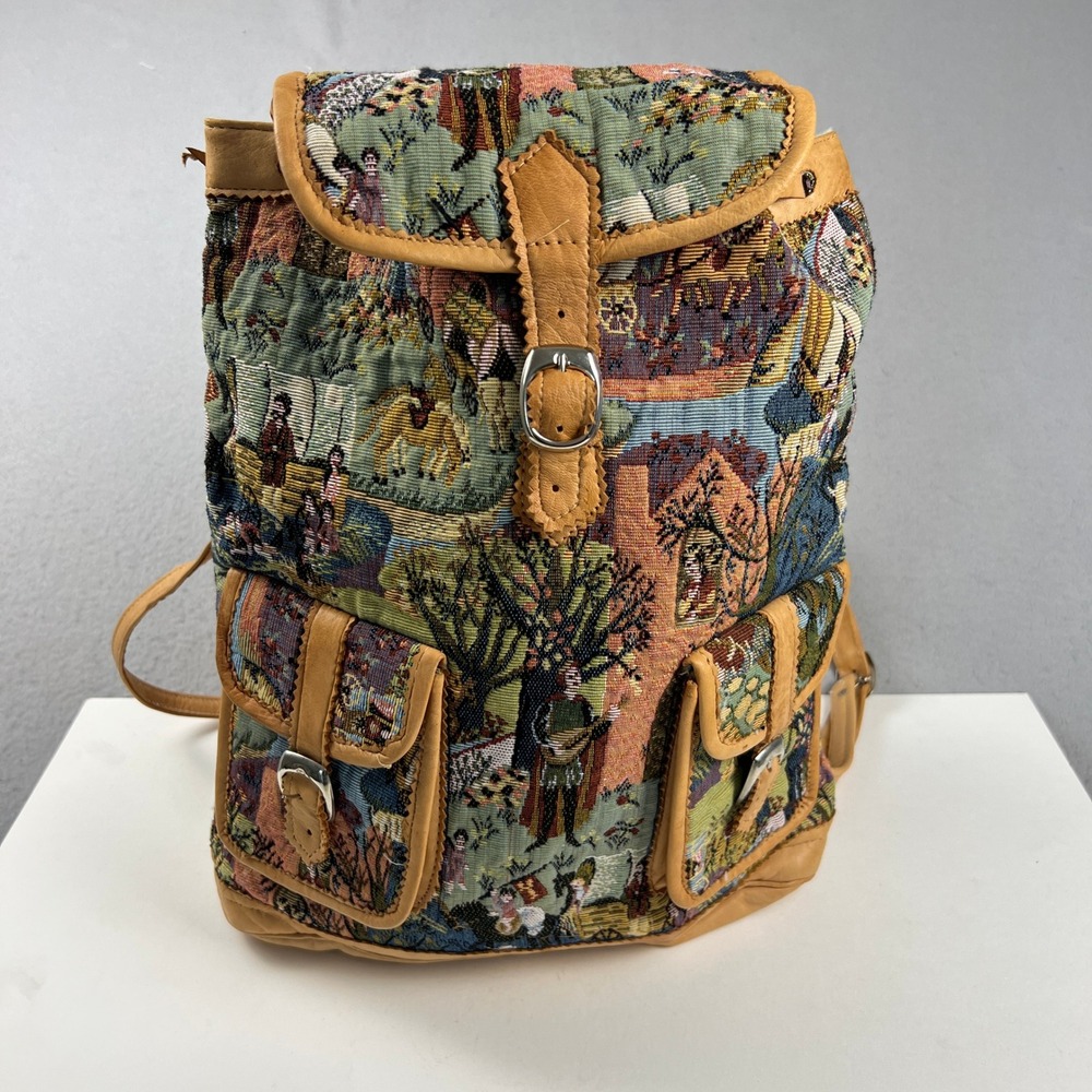 Tapestry Backpack Womens Medium Tan Leather Scenic Pastoral Vintage Rococo
